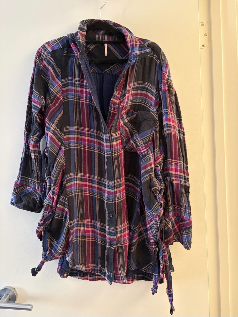 Free People Plaid Button-Up Shirt Dress in Navy, Pink & Purple